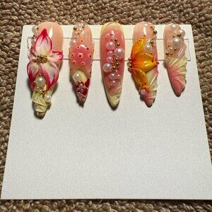 Elegant Floral Press-On Nails with Pearls